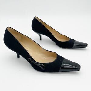 Chanel 2004 Karl Lagerfeld Black Jersey Patent Trim CC Logo Cap Toe Pumps EU 40